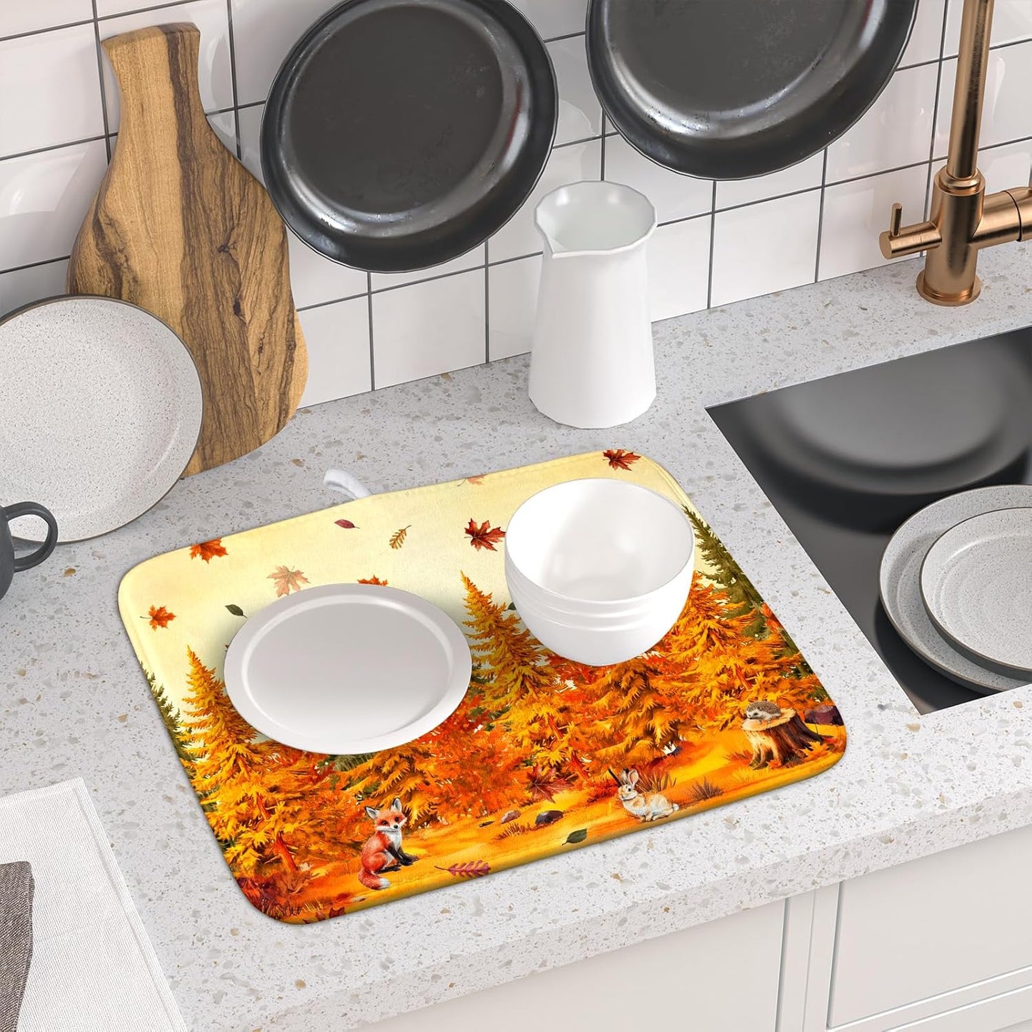Autumn Drying Matt Kitchen Counter Small Absorbent Coffee Mat Fall Forest Microfiber Drying Mat for Holiday Decor