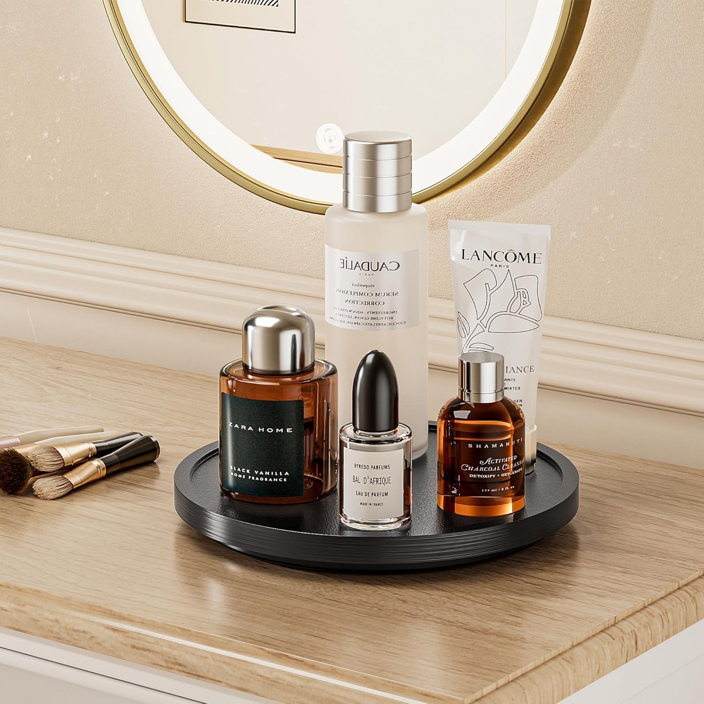 LAMU 11'' Wood Lazy Susan Organizer Turntable for Cabinet, Lazy Susan for Table Top, Pantry, Kitchen, Bathroom, Countertop, Rotating Spice Organizer, Vanity Decor Tray, Pine Wood, Black