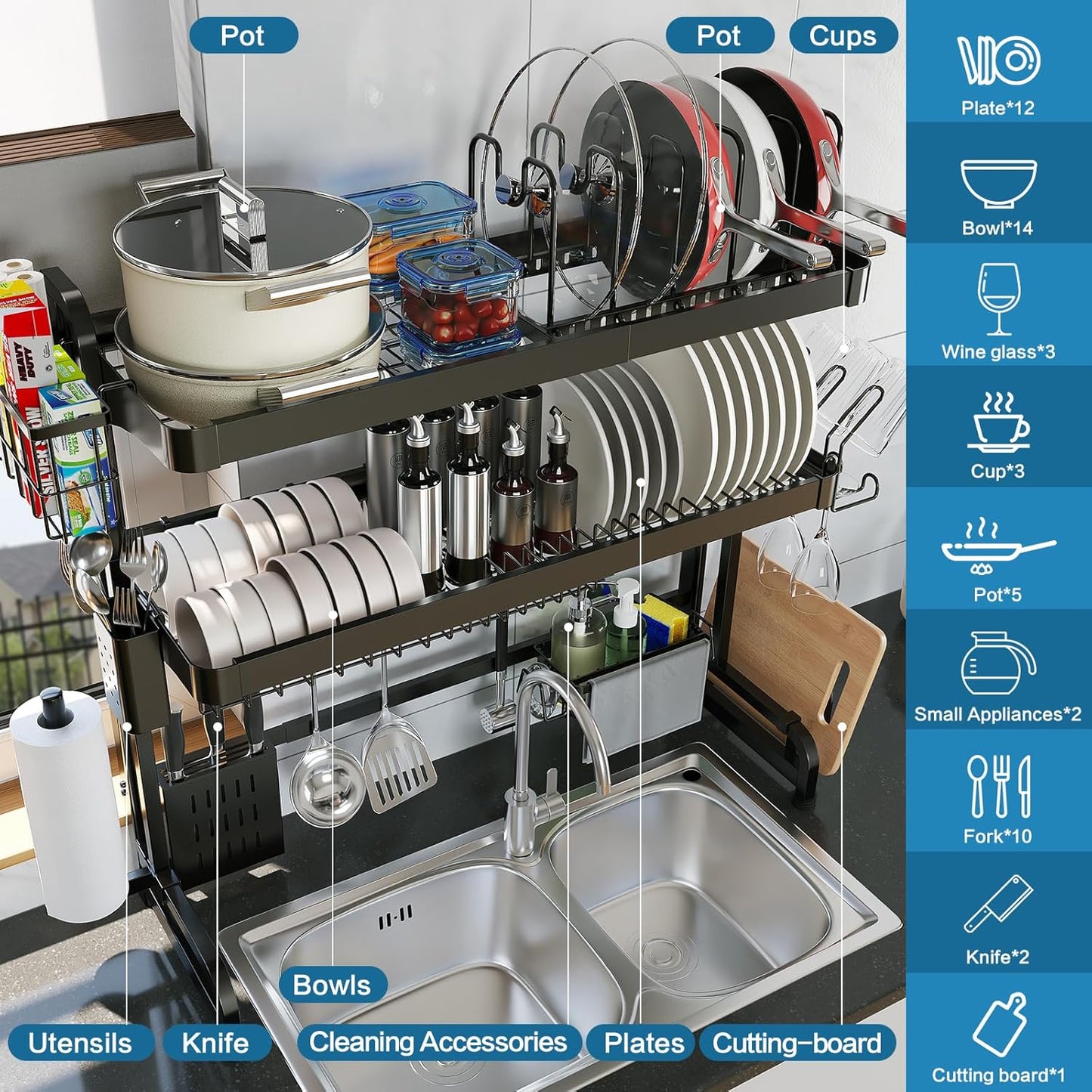 Over The Sink Dish Drying Rack,3 Tier Adjustable Length Full Stainless Steel Large Storage Kitchen Dish Rack,for Kitchen Counter Expandable Multifunctional Organizers,Silver (25.5'' to 37.6'')