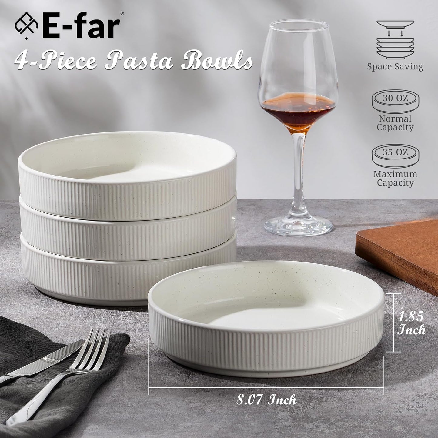 E-far Pasta Bowls Set of 4, 35oz Large Salad Bowl Plate for Dinner Serving Soup, Wide & Shallow Ceramic Stoneware Pasta Plates, Microwave & Dishwasher Safe, Textured Stripes & Speckled White, 8”