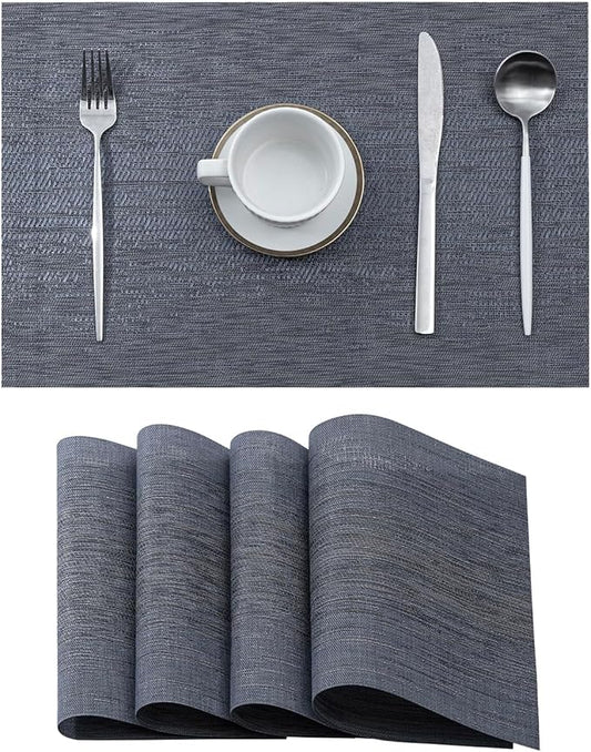 Leetaltree Denim Blue Placemats Set of 4 - Heat Resistant Non-Slip Place mats for Dining Table, Washable Durable PVC Vinyl Woven Table Mats（Denim Blue, 4）