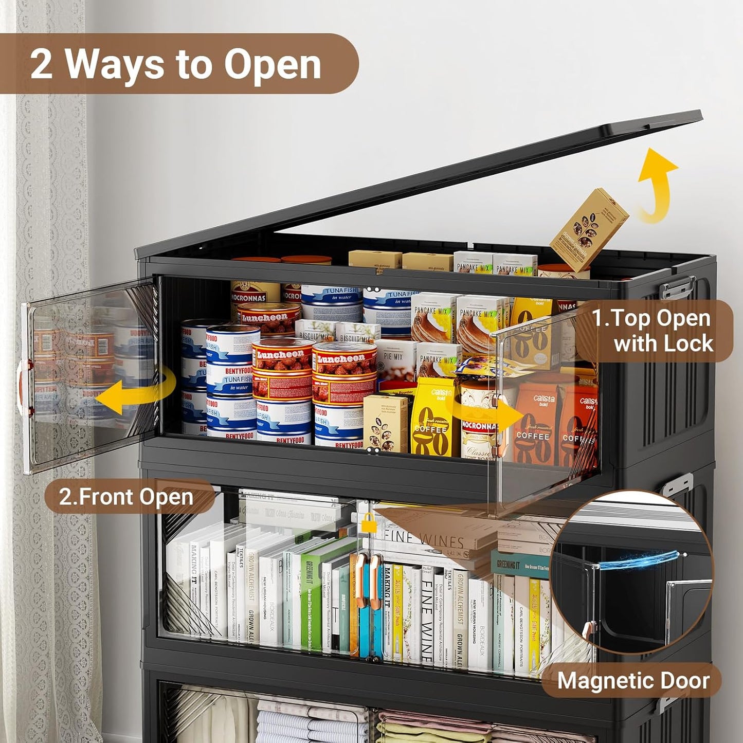 275Gal Plastic Stackable Storage Bins with Lid, 1100QT Extra Large Closet Organizers Collapsible Cabinets Boxes With Drawers, Foldable Containers with 6x Wheels for Home Kitchen, V60 5Pack Black