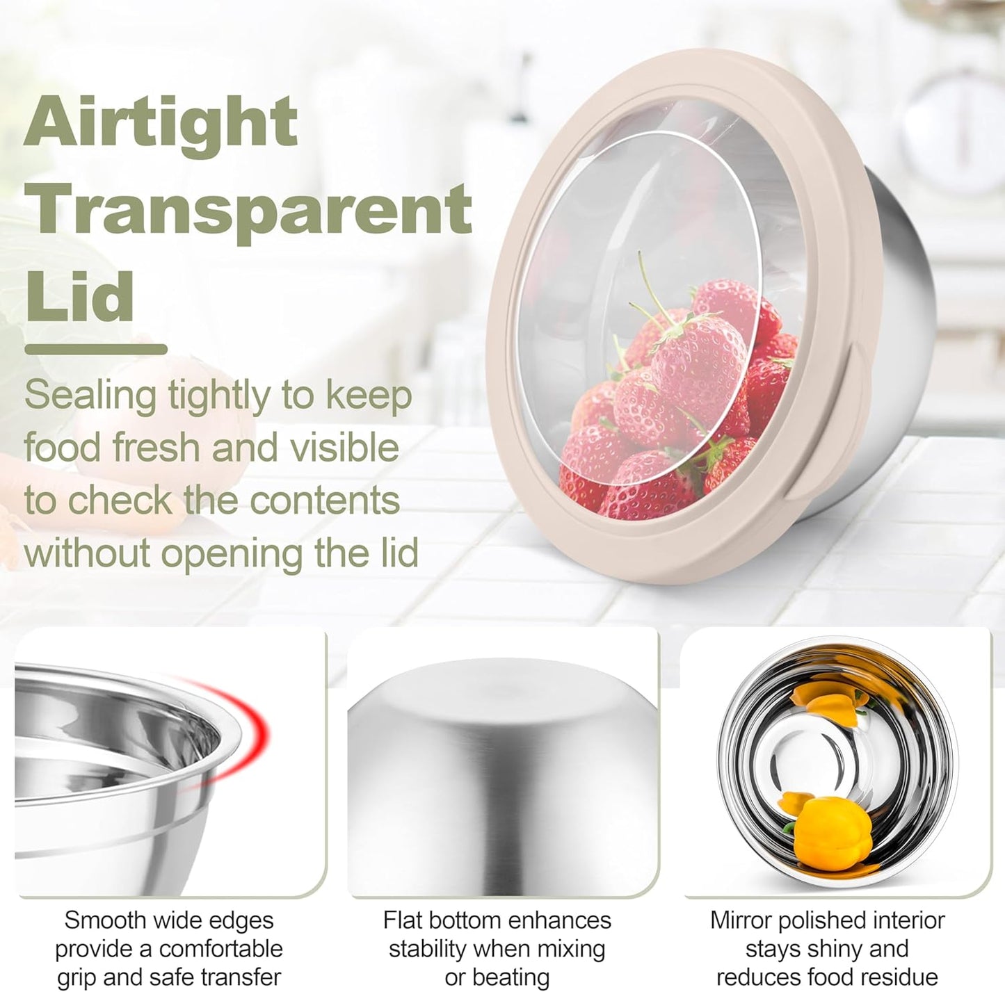 TeamFar Mixing Bowls, Stainless Steel Salad Serving Bowl with Clear Lids & 3 Graters, For Kitchen Cooking Prepping Storing, Size 4.6/2.6/1.5/1/0.7 QT, Nesting & Airtight, Set of 5 & Khaki