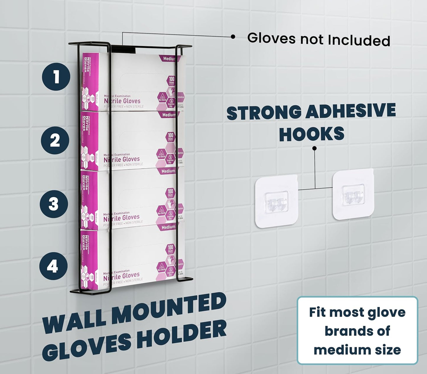 Alpine Glove Holder for Wall Mount Latex Gloves - Wire Box Dispenser for Disposable Gloves, Tissues, Masks, Wipes & More - Fits 4 Boxes (Black)