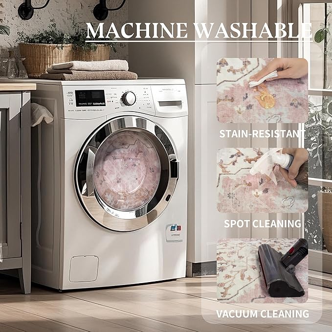 Area Rug for Living Room - Vintage Indoor Machine Washable Rug for Bedroom Dinning Room Floor - Soft Low-Pile Carpet Non-Slip Backing Floral Rugs for Office (Pink, 8' × 10')