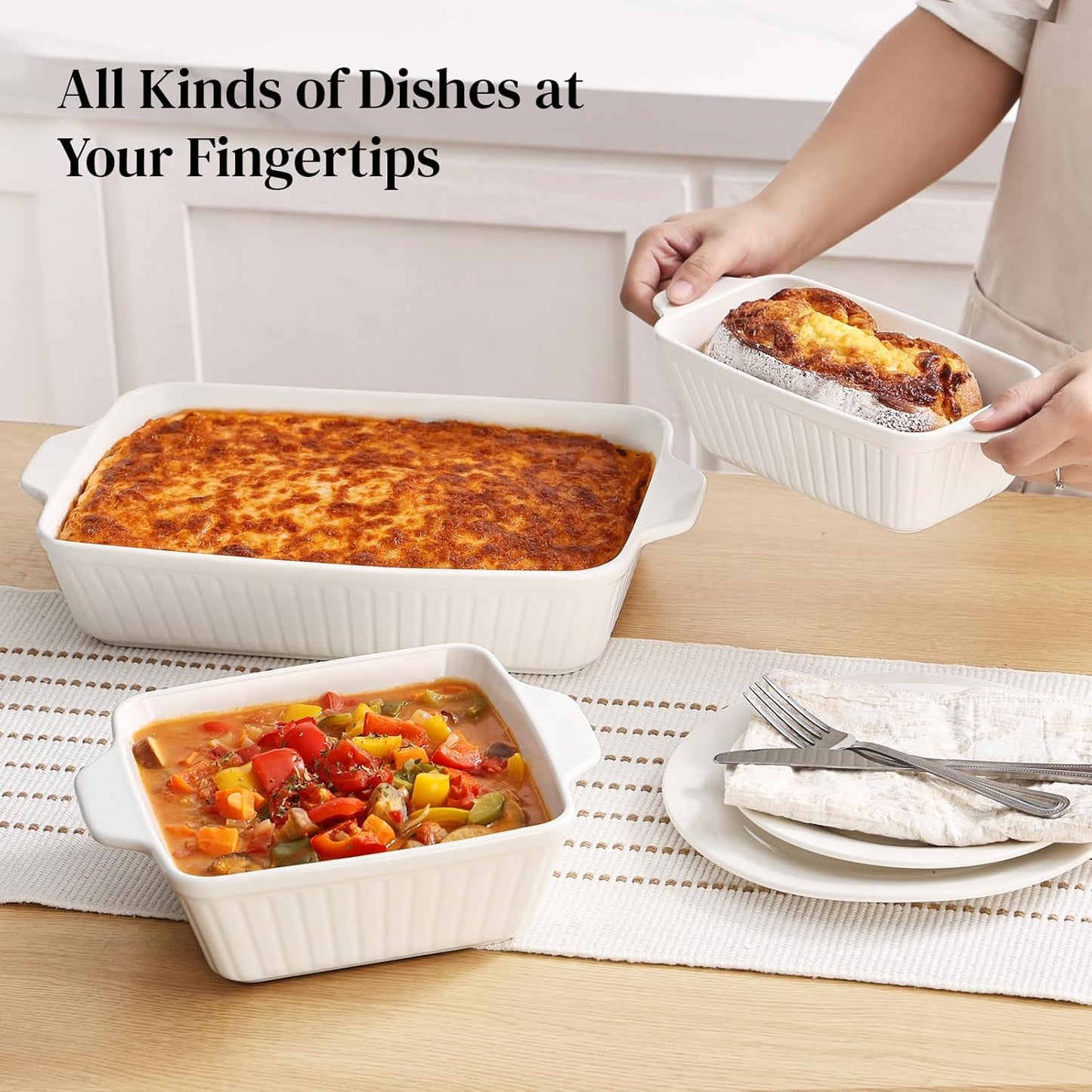 DOWAN Casserole Dishes for Oven, Baking Dishes Set, Ceramic Bakeware Sets of 3, Lasagna Pan Deep, Rectangular Baking Pan Set with Handles for Baking, Casserole, Kitchen, Wedding Gift, White (13''/8''/4'')