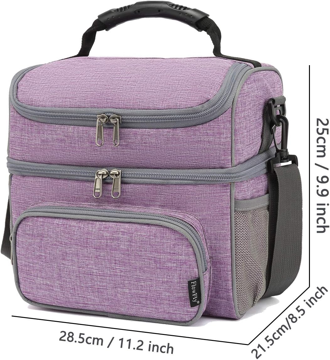 FlowFly Double Layer Cooler Insulated Lunch Bag Adult Lunch Box Large Tote Bag for Men, Women, With Adjustable Strap,Front Pocket and Dual Large Mesh Side Pockets