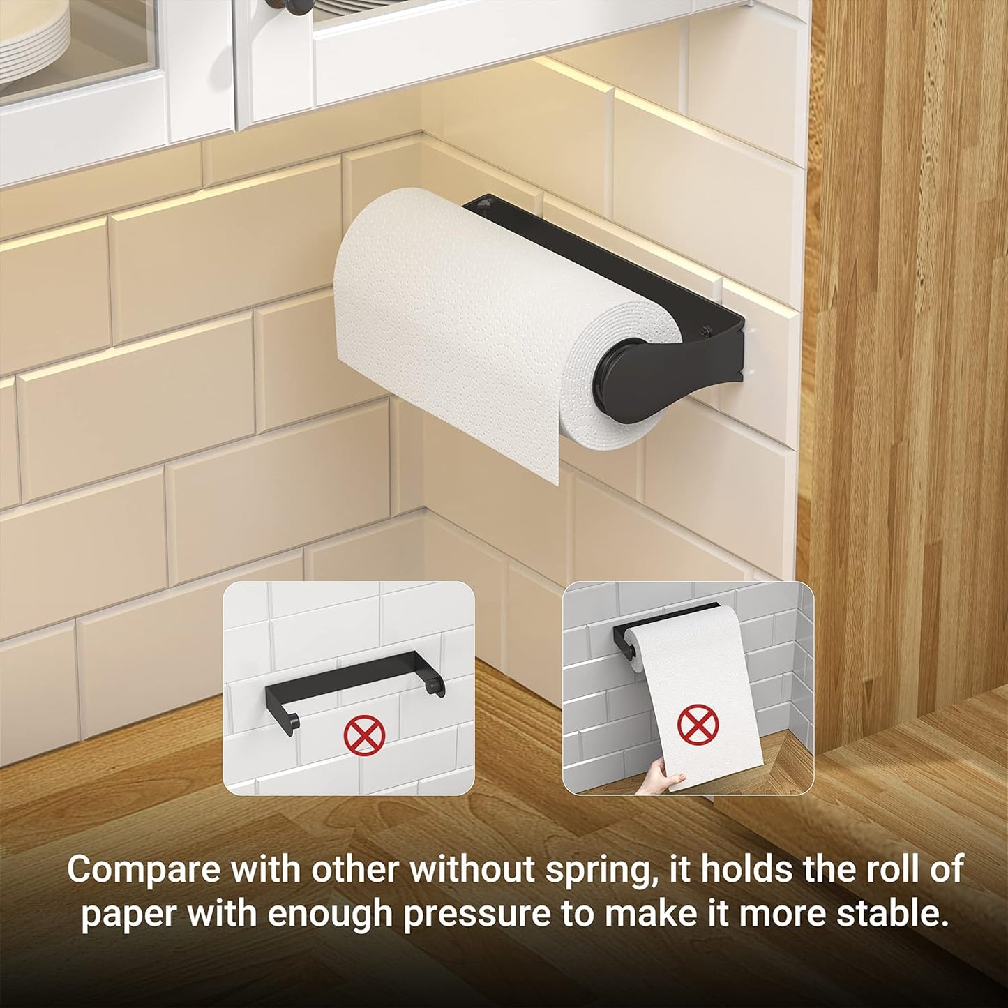 Paper Towel Holder Under Cabinet, Wall Mount, One-Handed Tear, Stainless Steel, Black, Paper Roll Holder with Kitchen Bathroom Farmhouse Essentials Decor Accessories