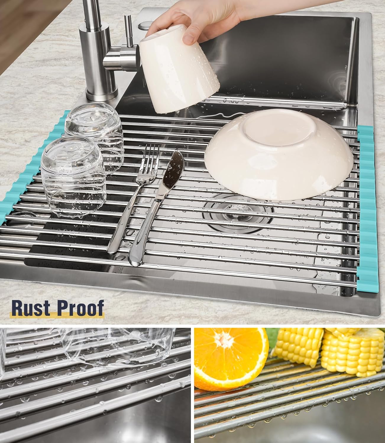 Tomorotec 17.7" x 12.5" Roll Up Dish Drying Rack Over Sink Drying Rack Sink Cover Kitchen Sink Accessories Gadget Multipurpose Organizer Foldable Stainless Steel Drainer