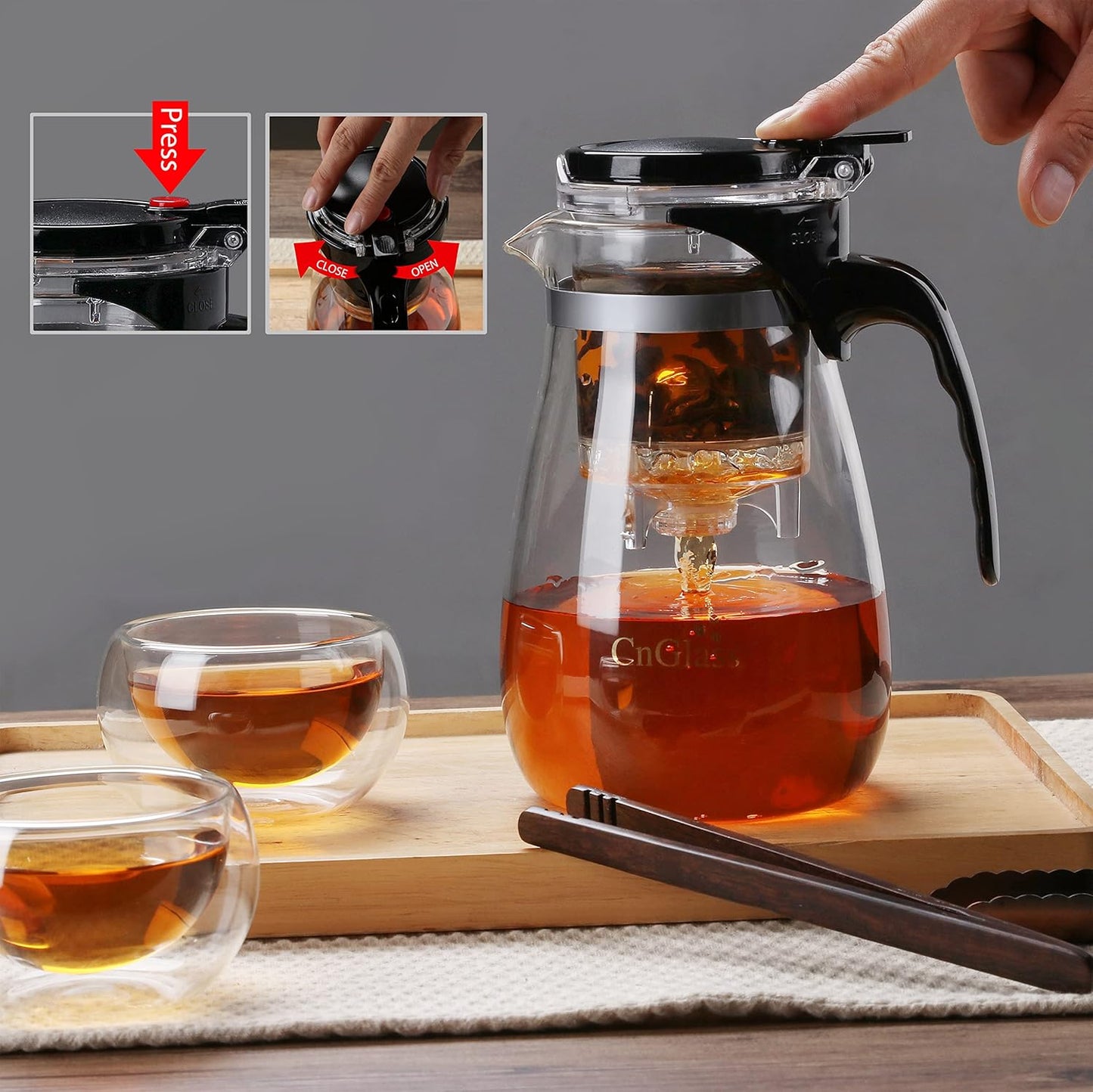 CNGLASS Glass Teapot with Removable Infuser,30.5oz Clear Tea Kettle with One Button Press to Filter the Tea Soup,Loose Leaf and Blooming Tea Maker