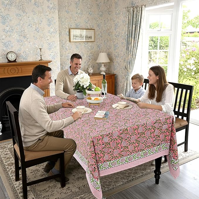 Ridhi Strawberry Pink Hand Block Print Cotton Rectangle Tablecloth 90 x 60 inch-Reusable Table Cover Decorative Everyday Use for Dining Room, Farmhouse, Thanksgiving, Christmas Wedding, Fall