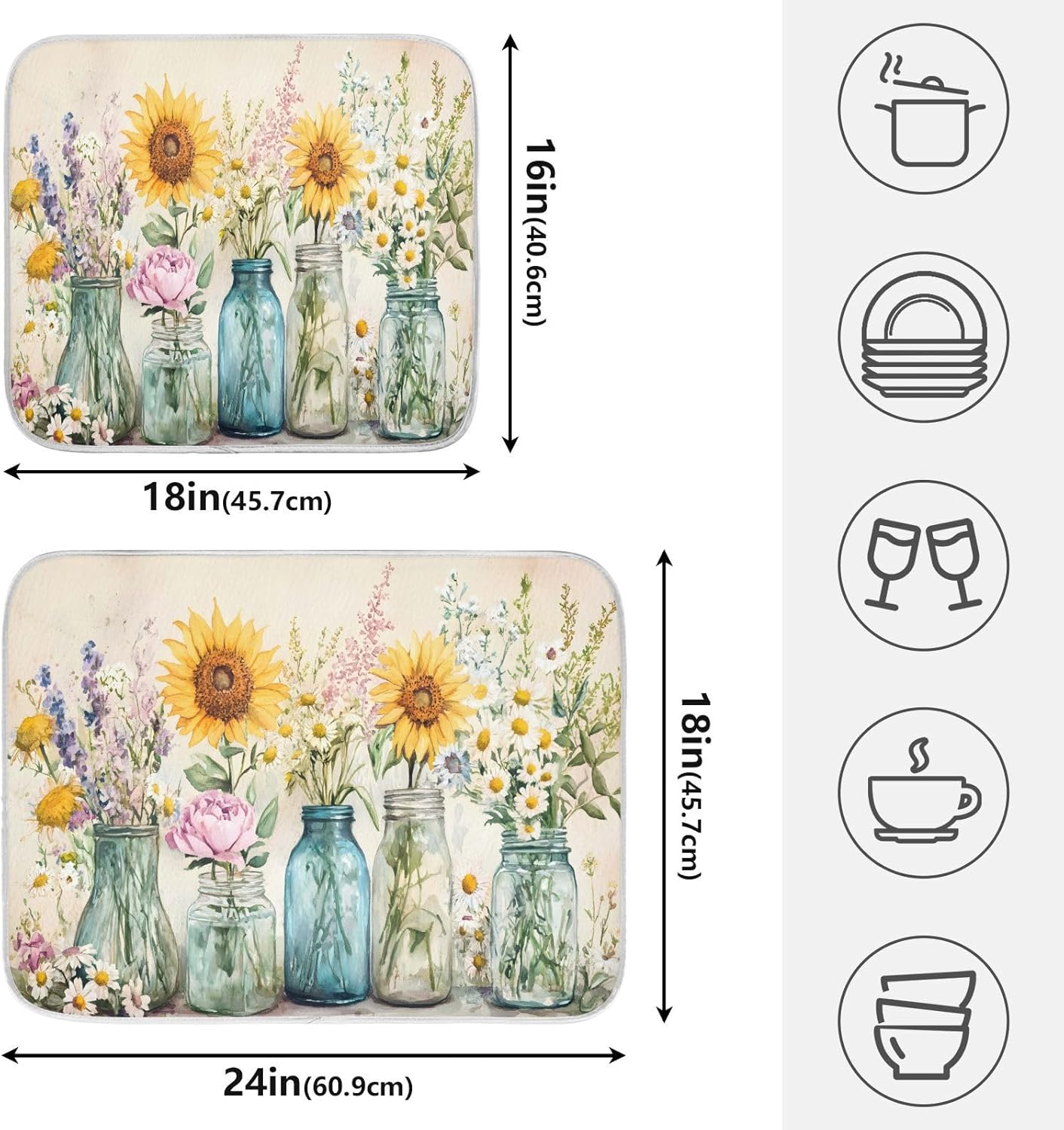 Spring Summer Floral Jars Flowers Dish Drying Mat for Kitchen Counter Absorbent Microfiber Large Drying Pad Dish mats for Kitchen Countertops 18 x 24 Inch