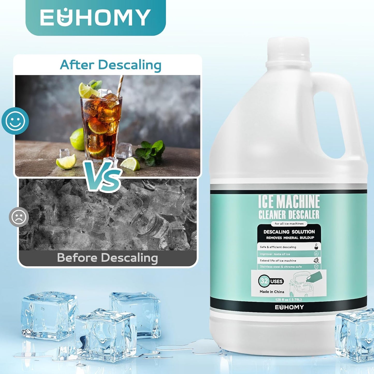 EUHOMY 32 Uses Ice Machine Cleaner Descaler (1 Gallon / 3.75L), 128 Fl OZ Ice Maker Cleaner, Ideal Universal Descaling Solution for All Brands Ice Maker, Single Use Coffee and Espresso Machines