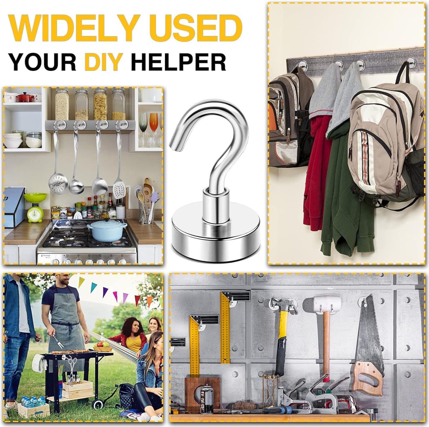 DIYMAG Hooks for Hanging String Lights, 30lbs 2025 Cruise Cabin Ship Essentials N52 Magnetic Hook Heavy Duty Strong Magnets Fridge for Classroom Beach Vacation Kitchen Grills 6 Pack Silver