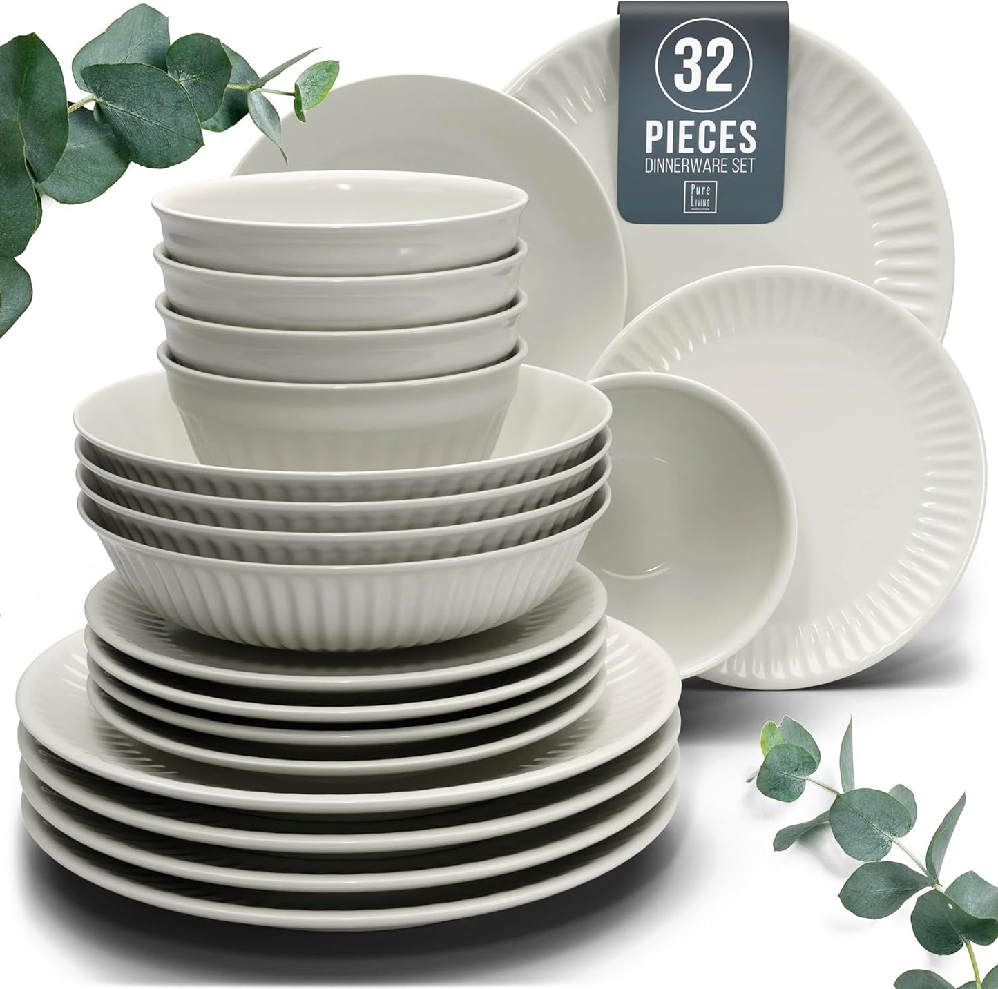 Stoneware Dinnerware Set for 8 People HYGGE 32-Piece - Elegant Scandi Design - Premium Dish Set - Bowl and Plate Set - Tableware for 8 People in a Ribbed Design - Pure Living in Beige
