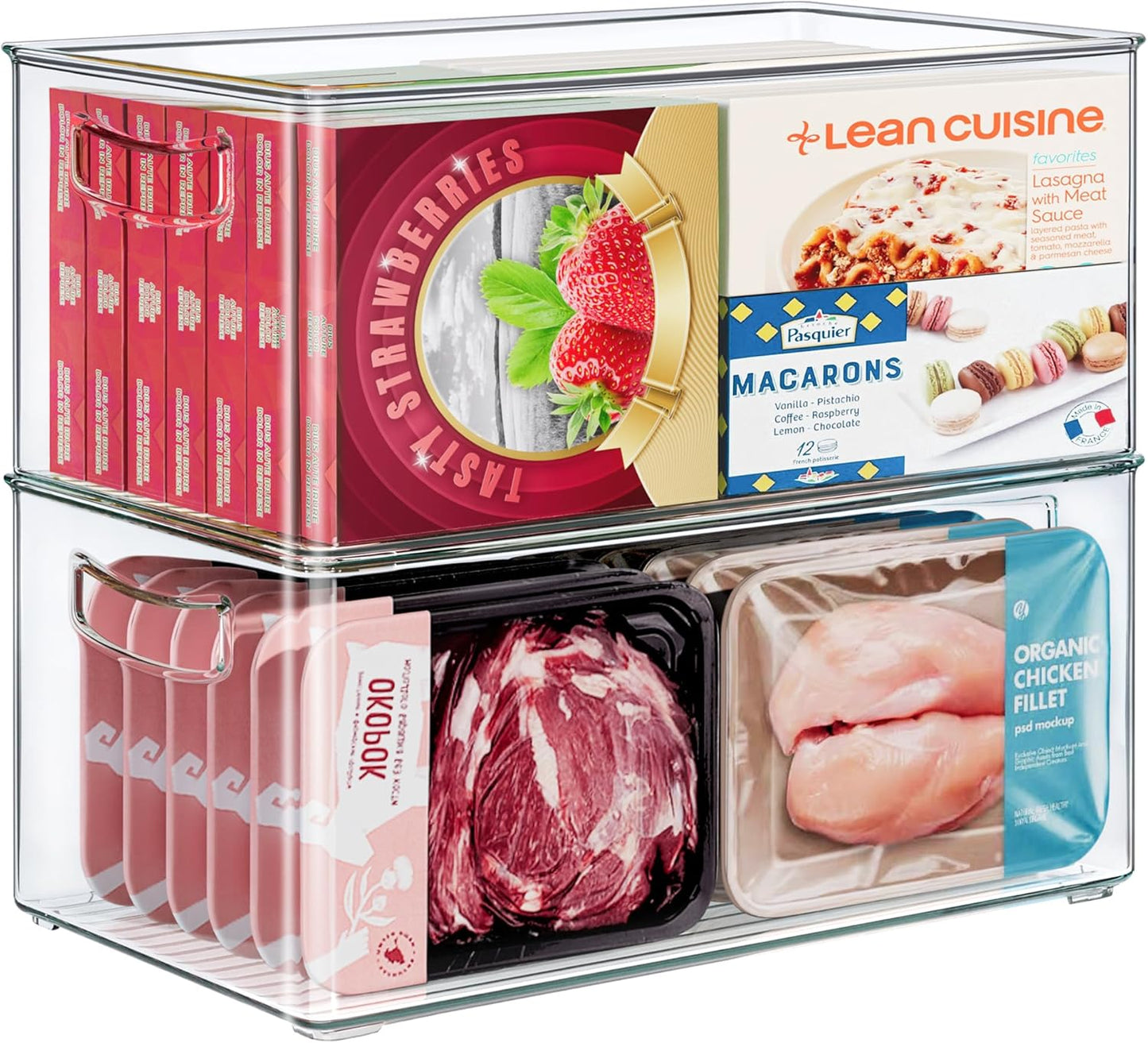 2 Pack Clear Freezer Organizer Bins Stackable Storage Bins with Side Handles for Kitchen Pantry Cabinet Organzation and Storage