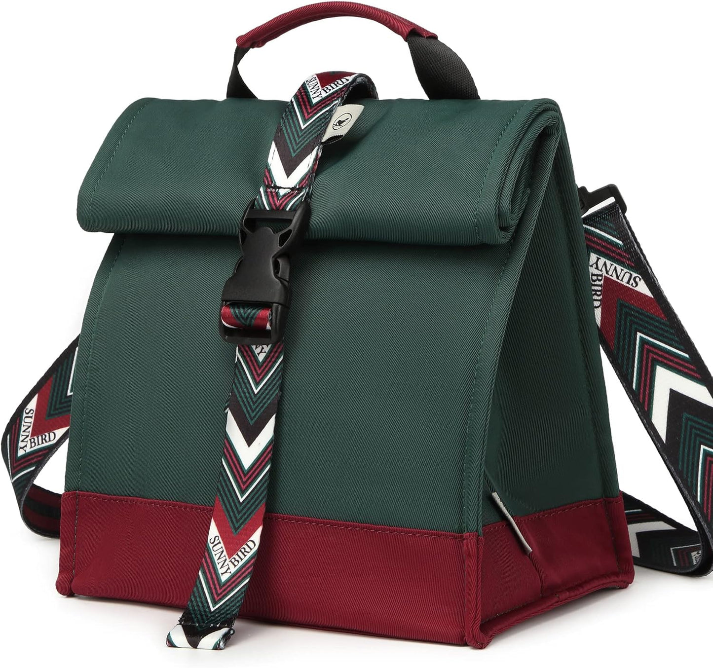 SUNNY BIRD Insulated Lunch Bag Rolltop Lunch Box Tote Bag for Women, Men, Adults and Teens (Green with Boho strap)