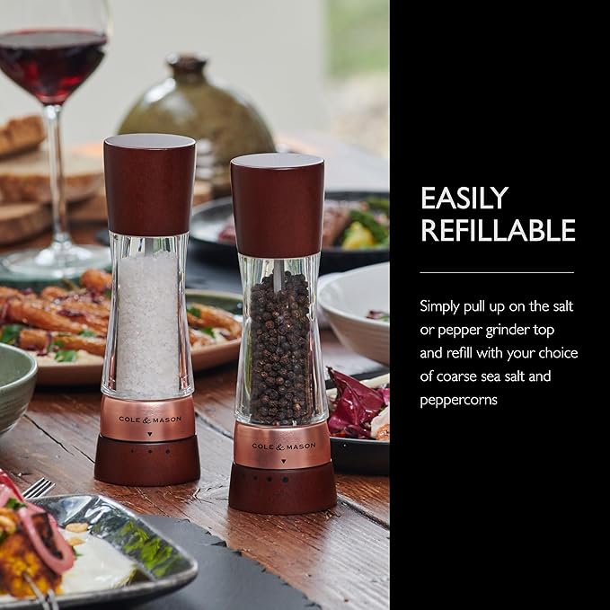 Cole & Mason Derwent Pepper Mill - Gourmet Precision Pepper Grinder - Refillable Seasoning and Spice Tools - Adjustable Black Peppercorn Grinder Settings - Rose Gold