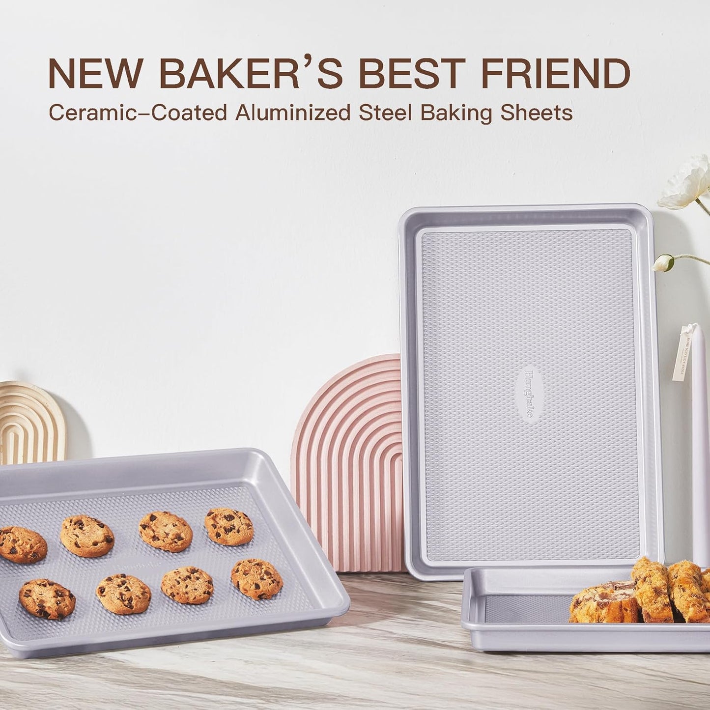 HONGBAKE 3 Pack Nonstick Ceramic Baking Sheet Pan Set for Oven, Non-Toxic Half/Quarter/Jelly Roll Pans with Diamond Texture, Heavy Duty 0.8mm Aluminized Steel Cookie Trays for Cooking, Light Grey