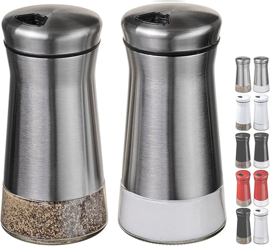 Salt and Pepper Shakers Set with Adjustable Pour Holes by CHEFVANTAGE - Stainless Steel