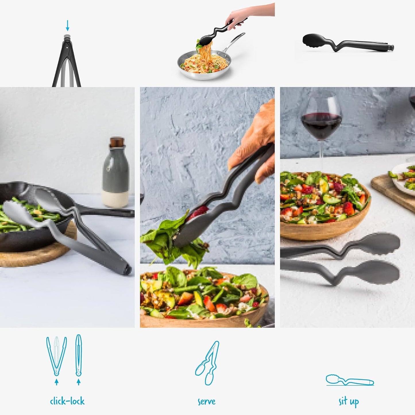 Dreamfarm Clongs Lite Nylon Kitchen Cooking Tongs with Click-Lock Open & Close - 10.5" Black