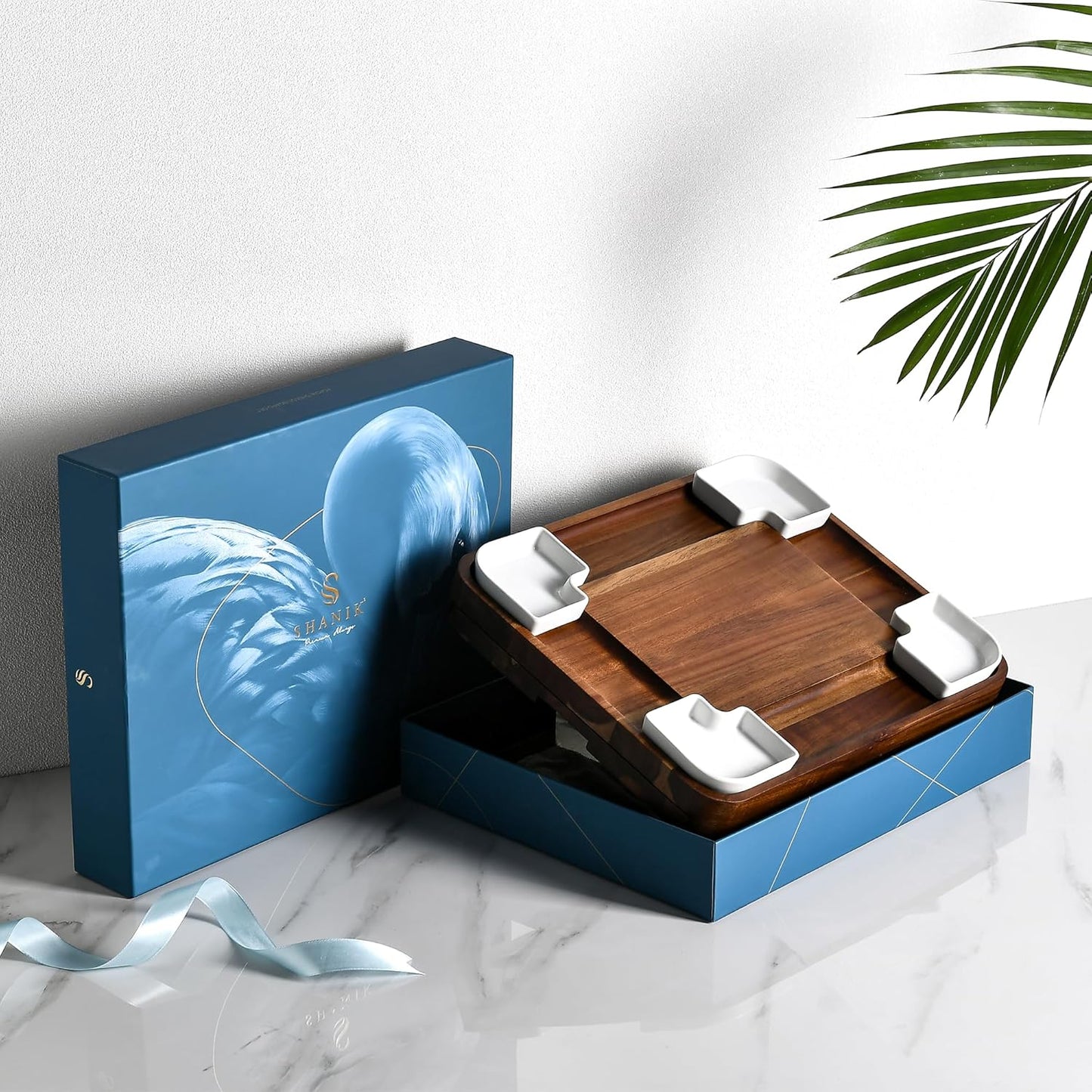 Shanik Upgraded Acacia Cheese Board Set, Square Shaped Charcuterie Set, Cheese Platter, Handcrafted Design and Stainless Steel Cutlery Set - Gift for Any Occasion with Engraving