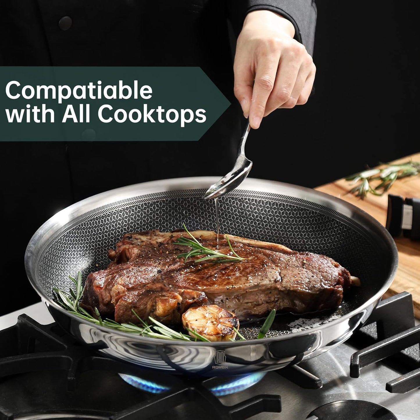 ROYDX New Model Hybrid Nonstick Cookware Set 19-Piece Stainless Steel Pots and Pans Set with Removable Handles, Save Space,Dishwasher and Oven Safe, Induction Ready, Compatible with All Cooktops