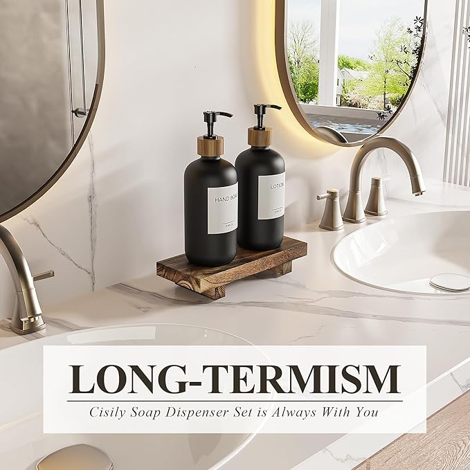 Cisily Black Soap Dispenser Set with Wooden Tray, Dish and Hand Soap Lotion Dispenser Set with Wooden Pump for Kitchen and Bathroom Decor for Counter, Modern Vintage Liquid Soap Dispensers