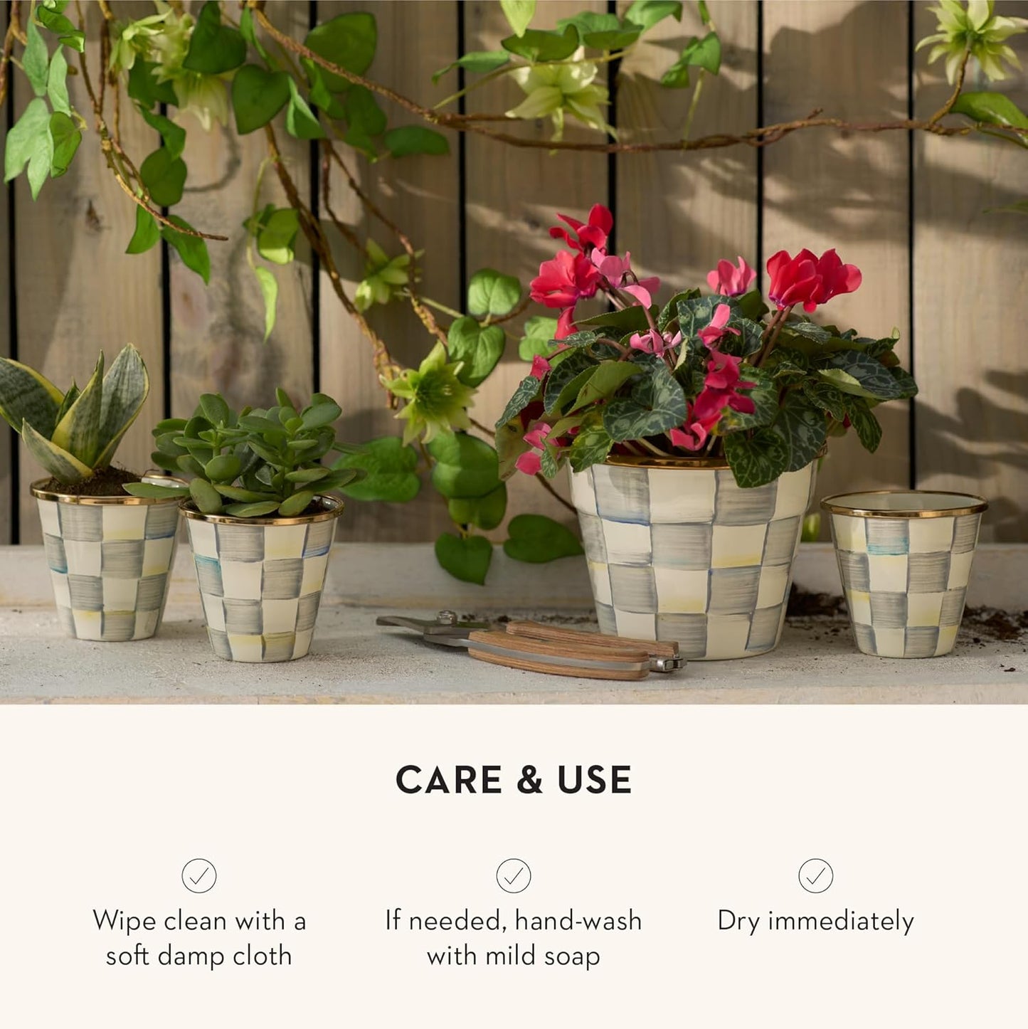 MACKENZIE-CHILDS Enamel Herb Pots, Small Plant Pots for Herbs or Flowers, Set of 3, Gray-and-White Sterling Check