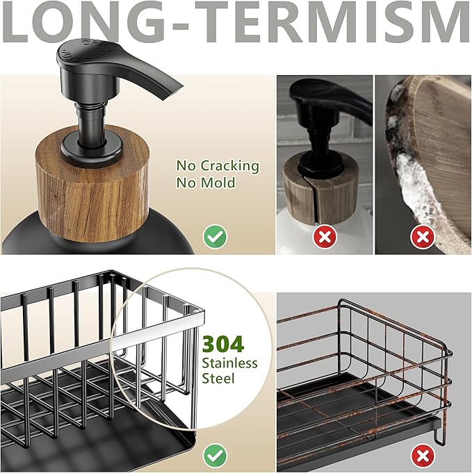 Cisily Kitchen Dish Soap Dispenser Set with 2 Pack 16.9oz Black Glass Bottle and Sponge Holder, Dish Soap Dispensers with Adjustable Sponge Holder, Vintage Hand and Dish Soap Dispensers Set