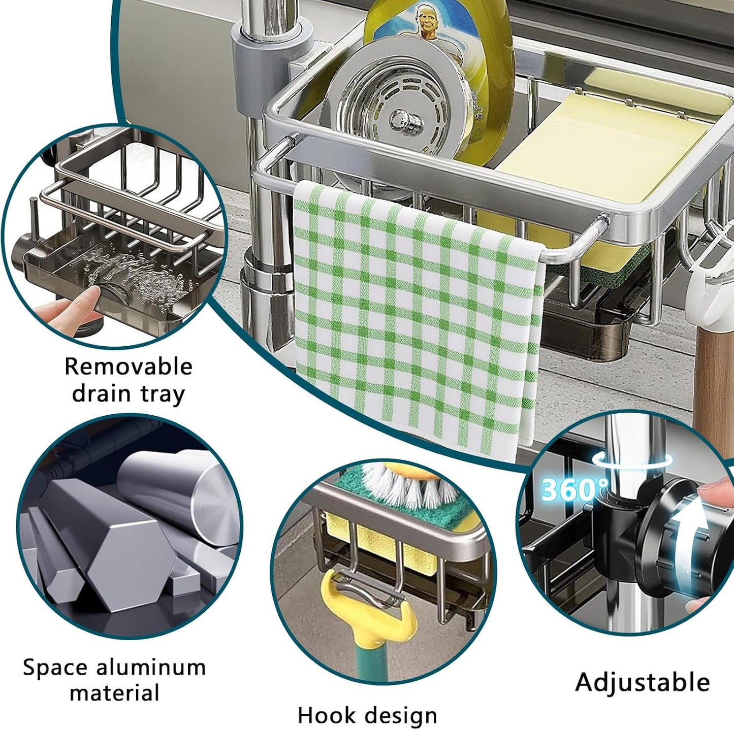 Sink Faucet Organizer Sponge Holder, Over Faucet Sink for 0.7-1.1" Round Water Pipe, Rustproof Caddy Rack, Adjustable Storage Shelf for Kitchen, Bathroom (Either Side Silver)