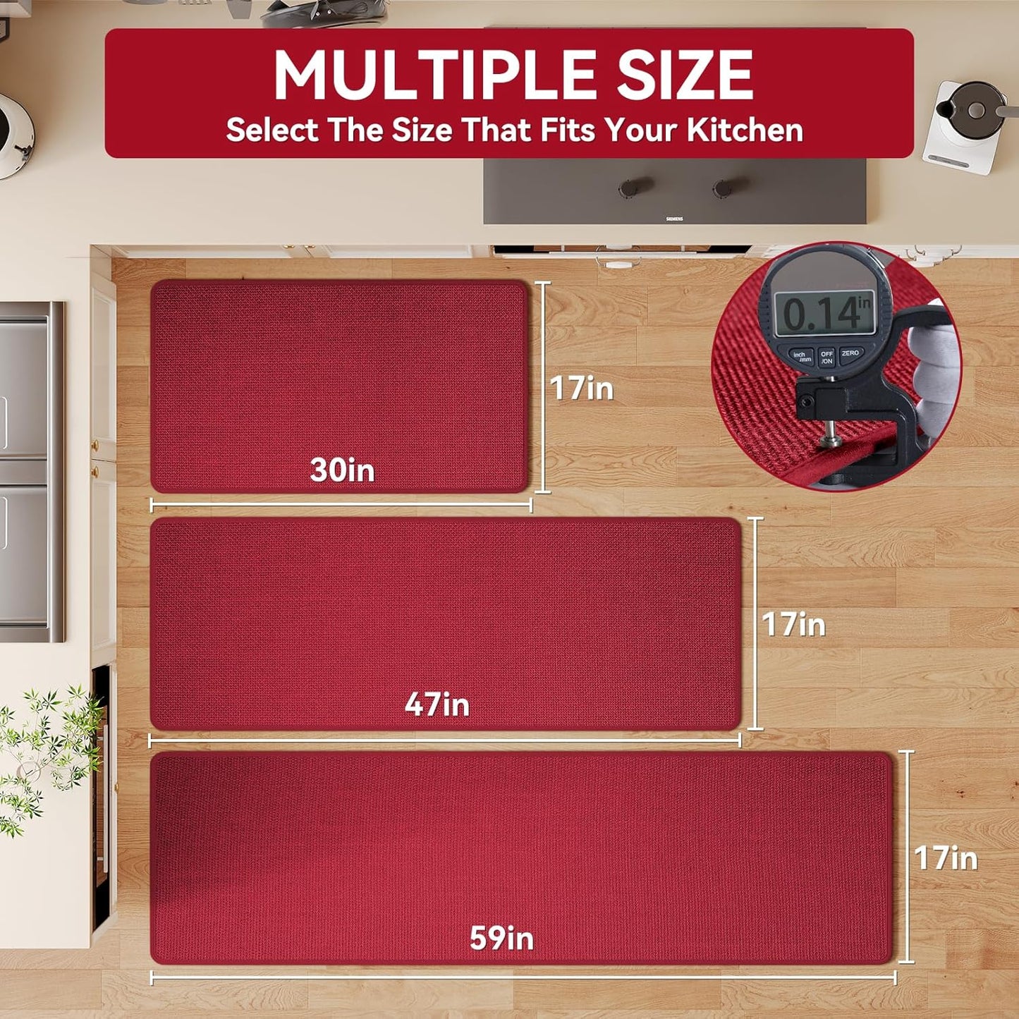 Kitchen Mats for Floor, Super Absorbent Kitchen Rugs Non Slip Washable, Soft Imitation Linen Braided Kitchen Runner Rug, Standing Mat Kitchens Sink Mat, Easy to Clean, Red 17x47