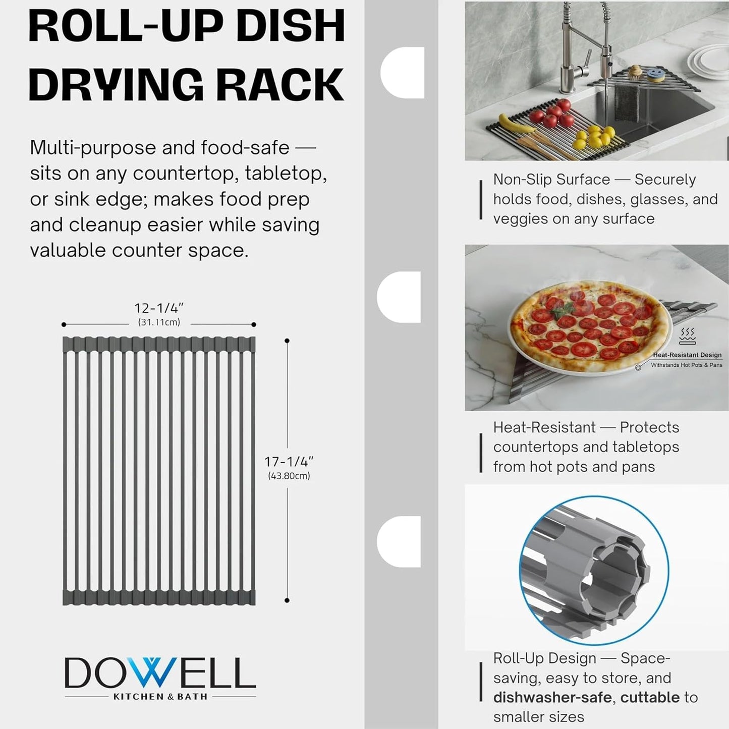 Dowell Over The Sink Roll-Up Dish Drying Rack, Foldable Tube Design, Space Saving Sink Organizer, Sturdy, Easy to Clean, Stylish Look - Triangle+Rectangular - Full Silicone
