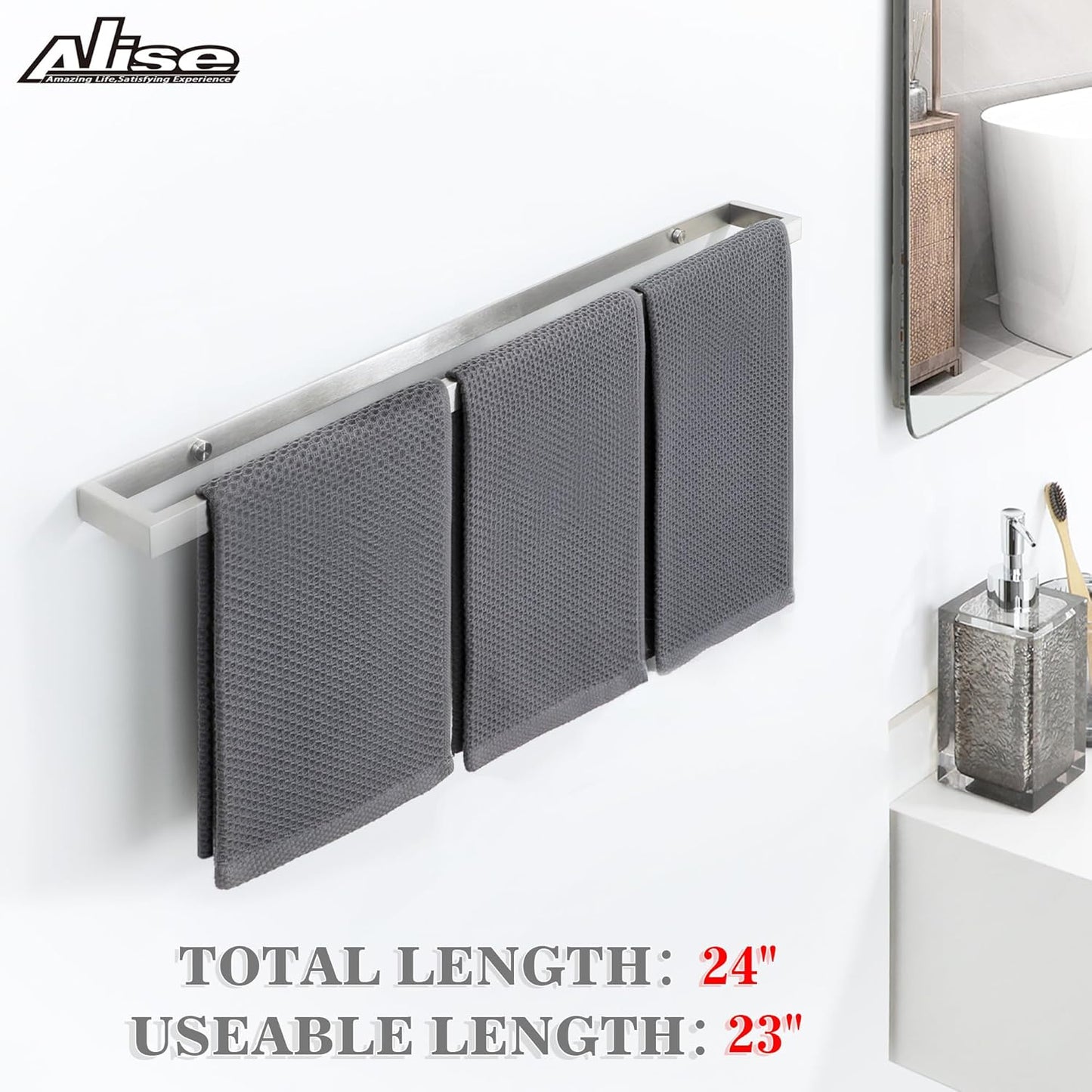 Alise Bath Towel Bar,Wall Mount Towel Holder Towel Rack Towel Hanger for Bathroom Lavatory,24 Inch SUS304 Stainless Steel Towel Rail,Brushed Finish GJF060-LS