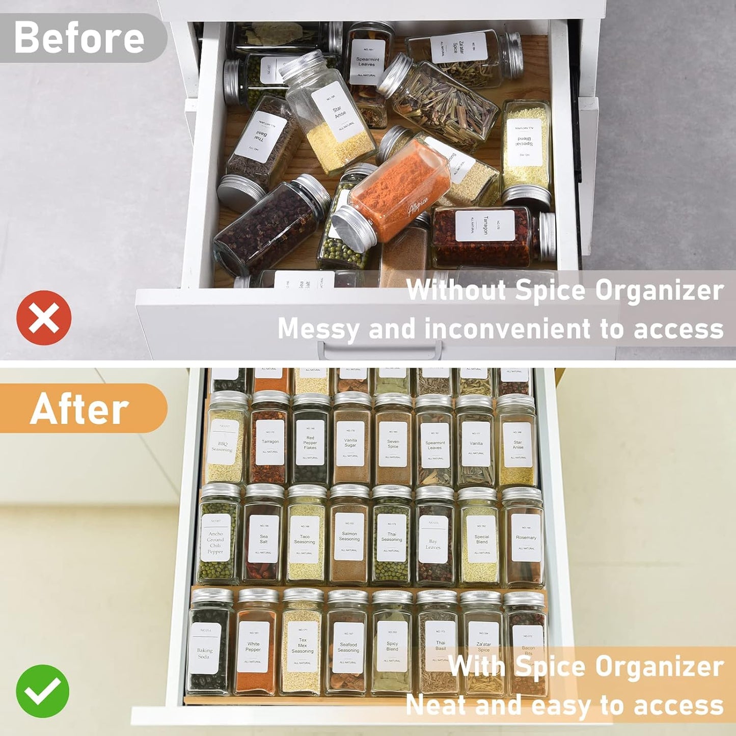 Spice Drawer Organizer with 24 Spice Jars and 216 Labels,Non-slip Rubber, Bamboo 4 Tier Spice Racks Tray Seasoning Containers for Kitchen Drawers,Cabinets,Countertops,13" Wide * 15.8" Deep