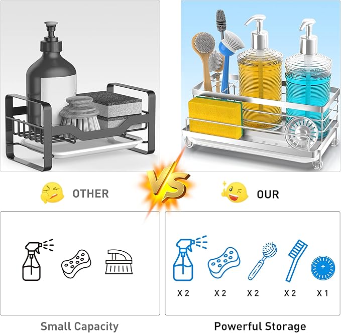 Cisily Stainless Steel Sponge Holder for Kitchen, Sink Caddy Sink Organizer Rack for Kitchen Accessories with Drip Tray, Rustproof and Non-slip, Dish Soap Dispenser Countertop Organizer