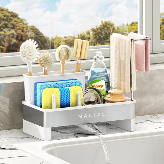 Nacial Sponge Holder for Kitchen Sink, Sink Caddy Organizer with High Brush Holder, Two Towel Racks & Soap Dispenser- Rustproof 304 Stainless Steel Kitchen Countertop Storage Essentials - White