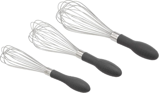 Amazon Basics Stainless Steel Wire Whisk Set for Cooking, Dishwasher Safe, 3 Piece, Black/Silver