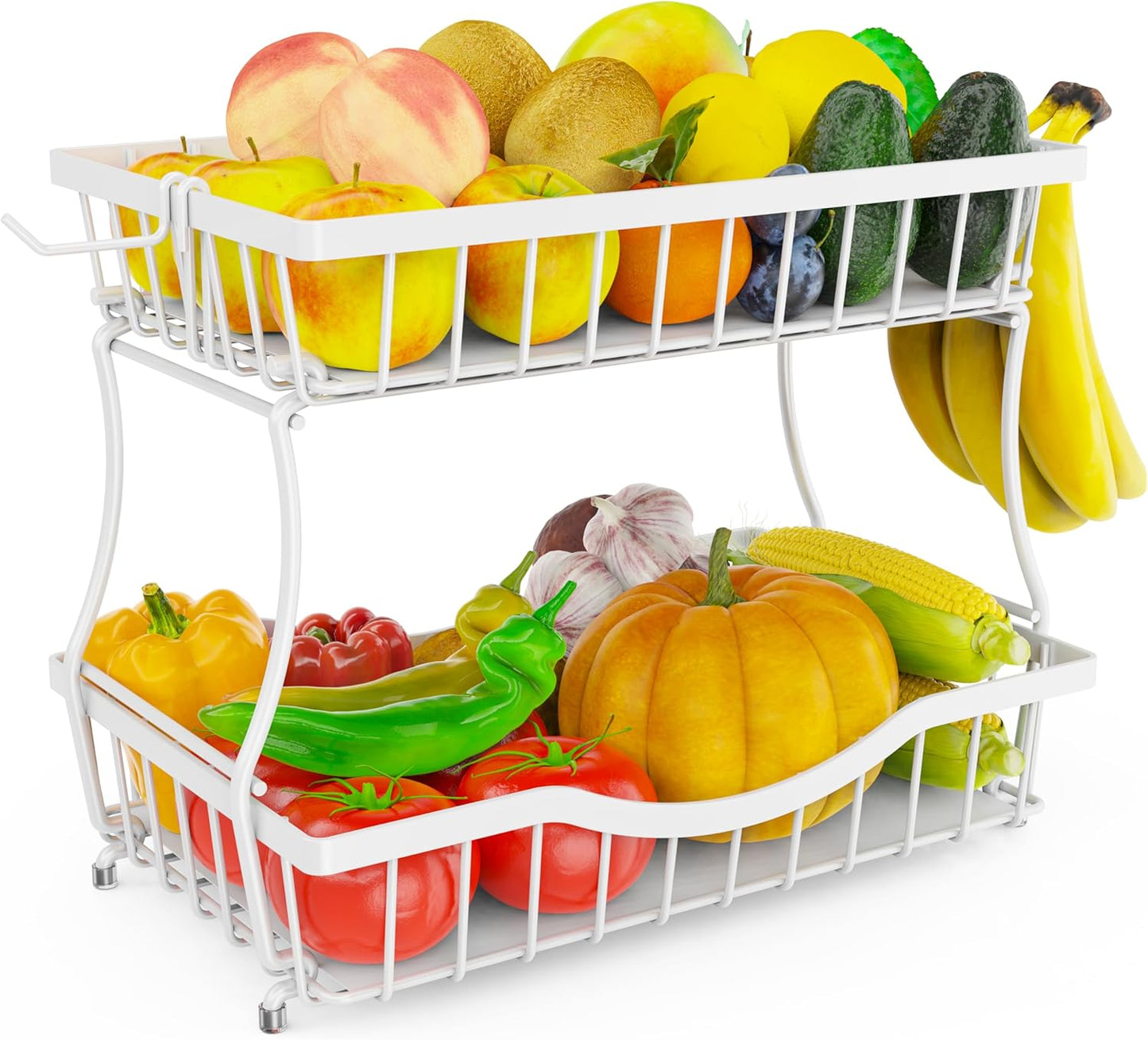 Large 2-Tier Fruit Basket for Kitchen Counter with 2 Banana Hangers – Metal Fruit Bowl for Onion, Vegetable, Snacks, Breads Storage – Countertop Organizer – White