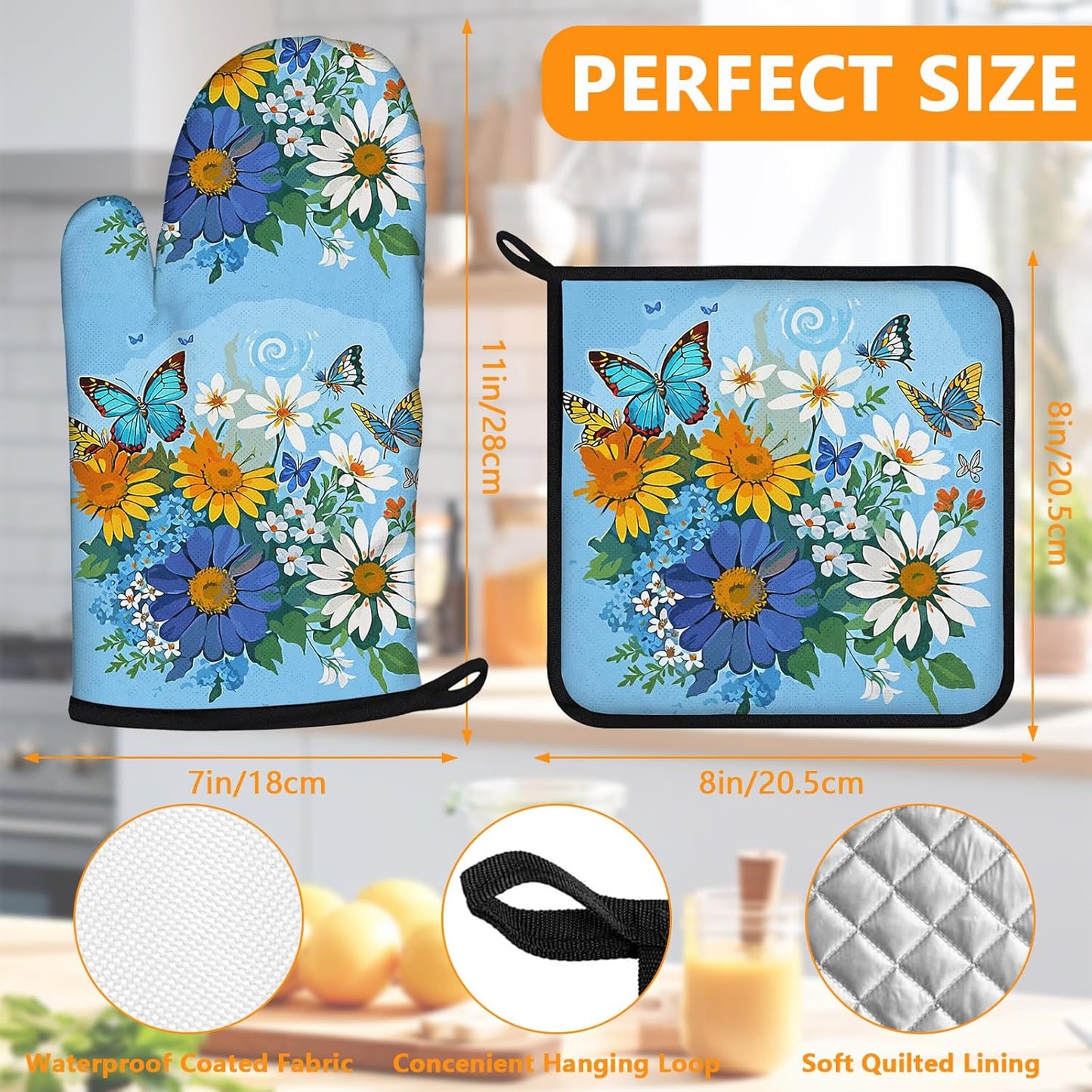 Sunflower Butterfly Oven Mitts and Pot Holders Sets 4Pcs,Extra Long Oven Gloves Potholder for Kitchen Cooking Baking BBQ 100% Cotton Heat Resistant