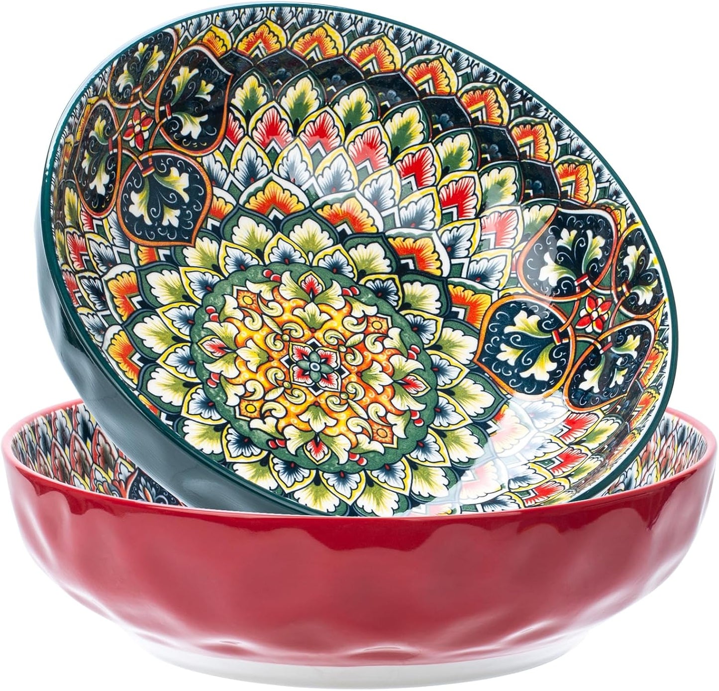 Large Serving Bowls, 75 Oz Fruit Salad Bowls Set of 2, Bohemian Style Large Porcelain Dishes for Entertaining Parties,Big Bowls for Salad, Pasta, Fruit, Chips, 10.3 Inch Diameter (green.red)