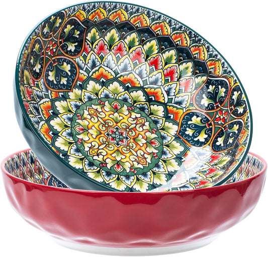 Large Serving Bowls, 75 Oz Fruit Salad Bowls Set of 2, Bohemian Style Large Porcelain Dishes for Entertaining Parties,Big Bowls for Salad, Pasta, Fruit, Chips, 10.3 Inch Diameter (green.red)