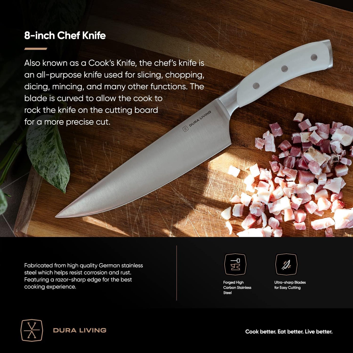 8-Inch Chef Knife – Ultra-Sharp German High Carbon Stainless Steel, Full Tang, Ergonomic Handle, Multipurpose Kitchen Knife for Chopping, Slicing, and Dicing, Cream
