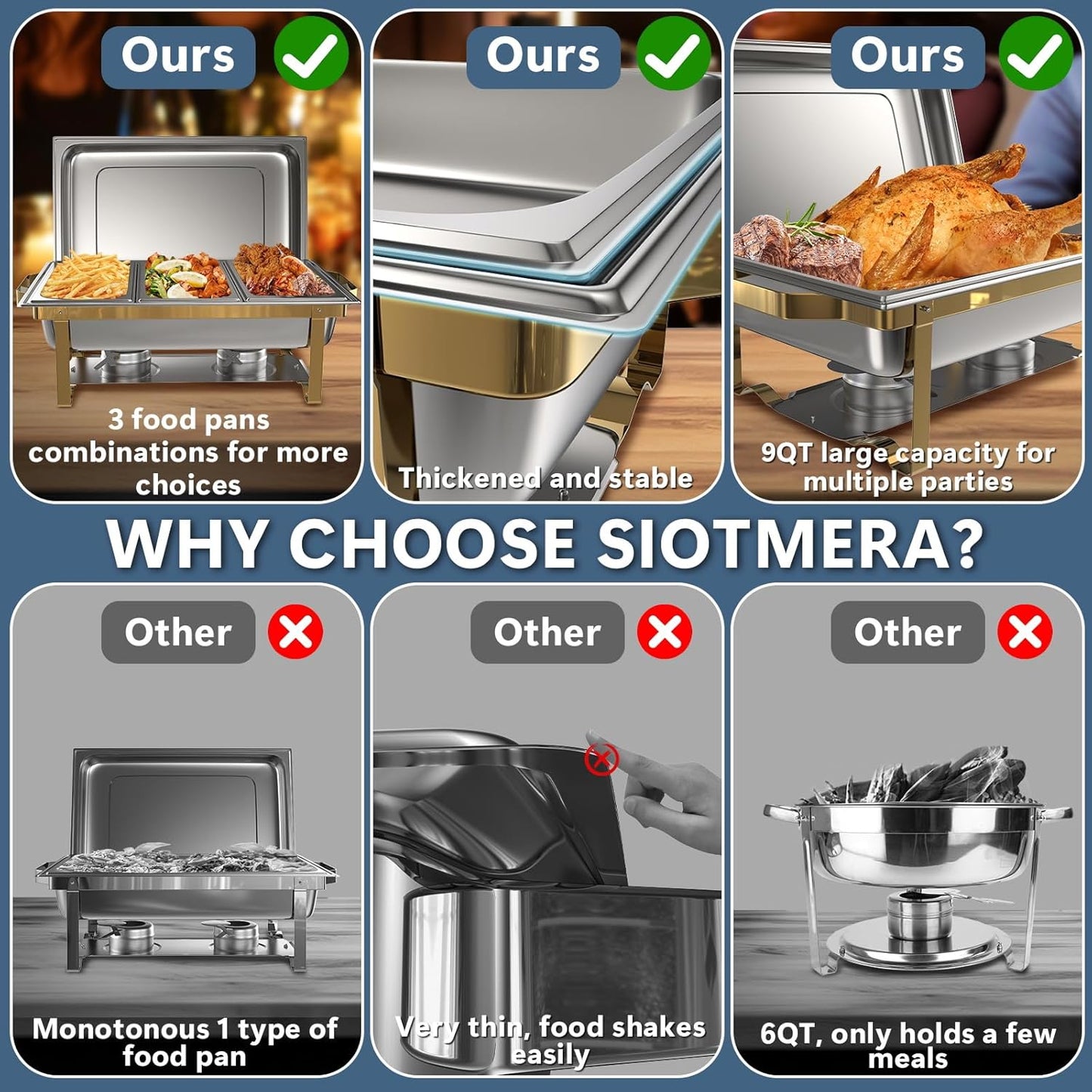 SIOTMERA 9QT Chafing Dishes for Buffet 4 Pack, Multiple Food Pans Thickened Stable Stainless Steel Chafing Dish Buffet Set, Rolled Edge Design Food Warmers for Party Catering Weddings, Gold and Silver