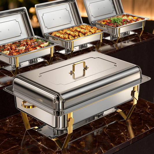 Gold Chafing Dishes for Buffet (9QT, 4 Pack) - Easy Assembly, Food-Grade Stainless Steel Chafers for Catering w/Rolled Edge Design, Foldable Frame, for Party, Banquet (Full Size Food Pan)