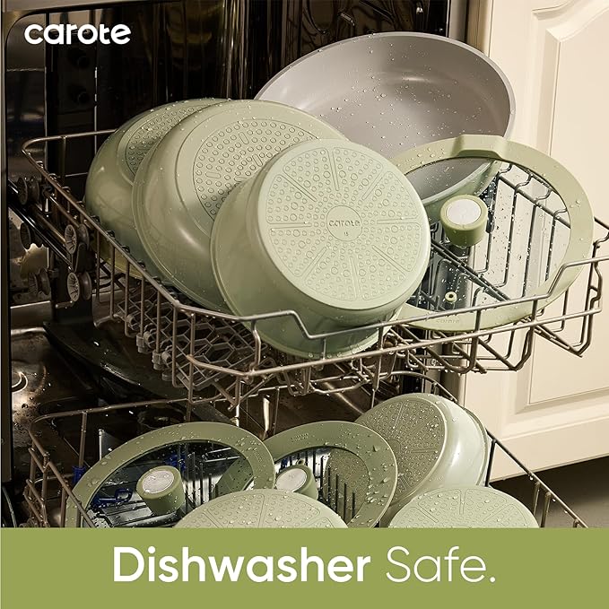 CAROTE 27pcs Ceramic Cookware Set Nonstick, Pots and Pans Set Non stick, Non Toxic Cookware, Dishwasher/Oven Safe, RV/Camping Cookware Set, Pan and Pot with Kitchen Utensils, Green