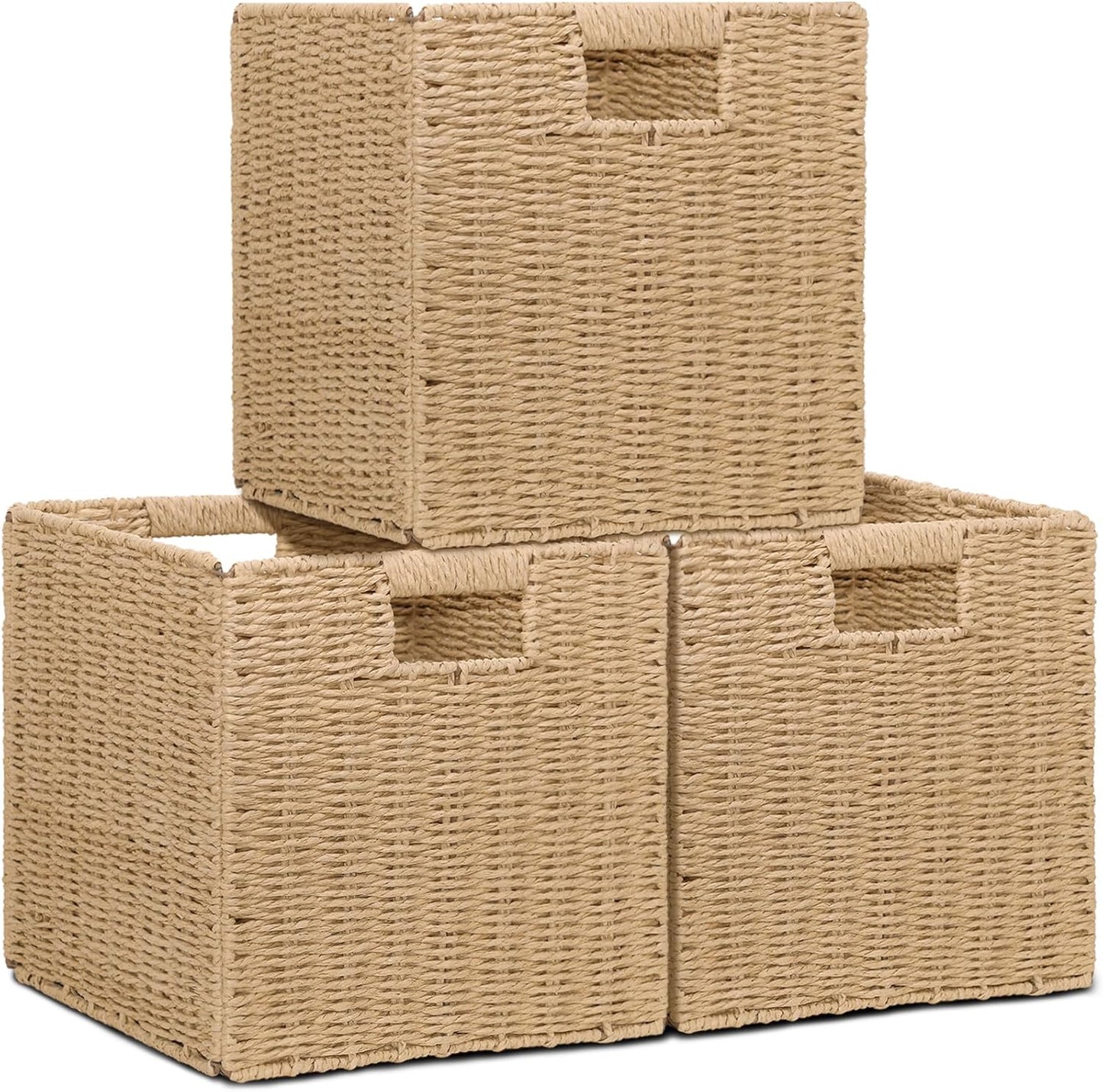 Wicker Storage Baskets for Organizing, 3 Pack Rustic Foldable Square Basket for Shelves, Handwoven Cubby Organizer Bins for Home Decor, Small Cube Storage Bin for Closet Organization (Natural 11 inch)