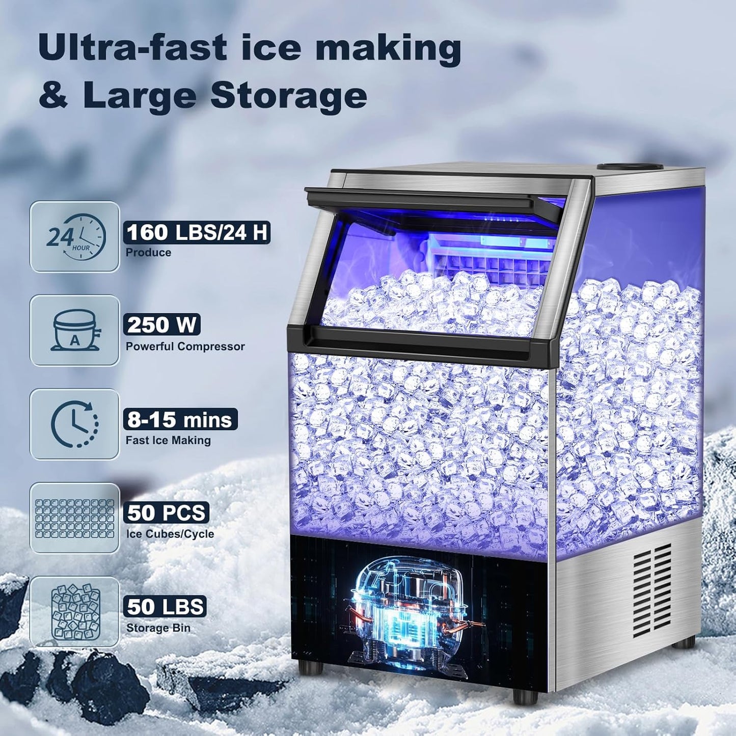 Commercial Ice Maker Machine, 160 lbs/24H with 50 lbs Storage Bin, Dual Water Inlet Options, Under Counter Freestanding Ice Maker for Home, Bar, Support 5-Gallon Bottle Water & Tap Water