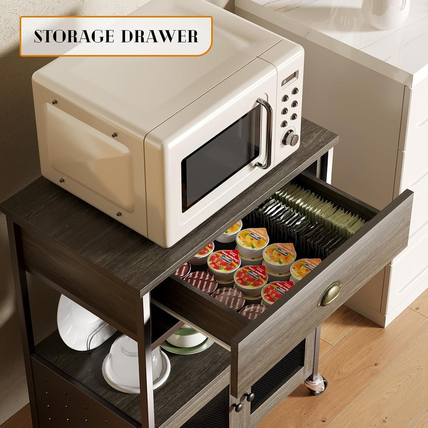 Catrimown Coffee Cart Station, Coffee Stand Station, Small Microwave Stand with Drawer, Movable Farmhouse Coffee Station Table on Wheels for Living Room, Entryway, Dining Room, Kitchen, Wash Grey
