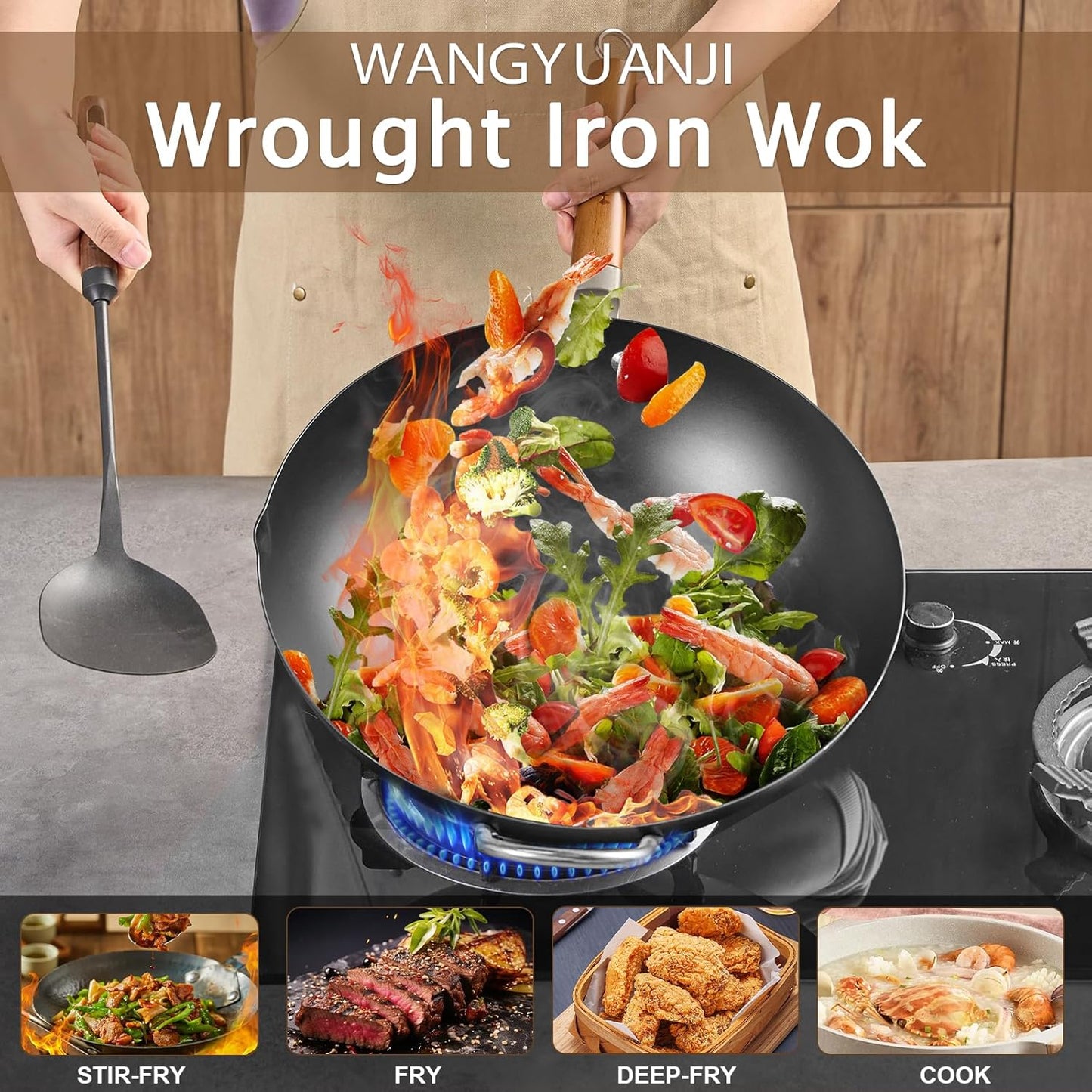 WANGYUANJI Iron Wok,14.2 inch Woks for Stir-fry, Chinese Stir Fry Pan Uncoated, Traditional Flat Bottom Iron Pot for Induction, Electric, Gas, Suitable for All Stoves(Pure Iron Wok)